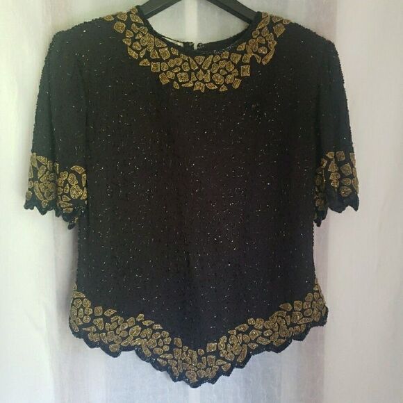 VTG Lourence Kazar Top Blouse Short Sleeves Black Gold Fully Sequins Lined Sz XL - Picture 1 of 15